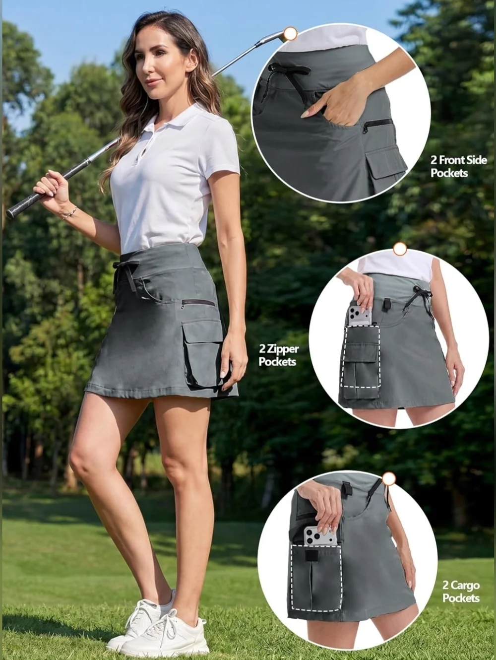 NWT High Waisted Gray Cargo Skort w/ Pockets Athletic Golf Tennis Large